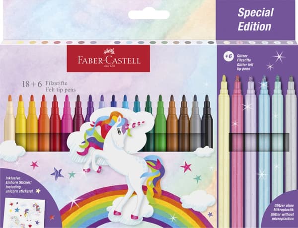 Tuschpenna Castle Unicorn 18+6 st glitterpennor Faber Castell