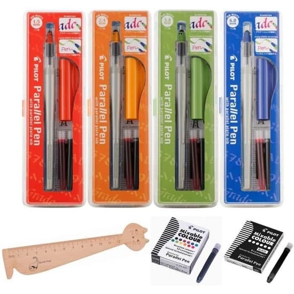 Set med 4 Pilot Parallell Pen-set: 1,5 mm + 2,4 mm + 3,8 mm + 6,0 mm + 12 olika färgpatroner + 6 svarta patroner