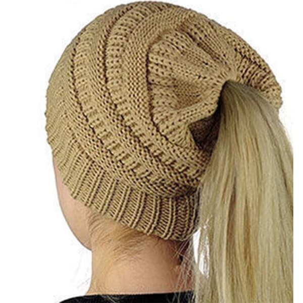 Girl Stretch Knit Hat Messy Bun Ponytail Beanie Holey Warm Hats