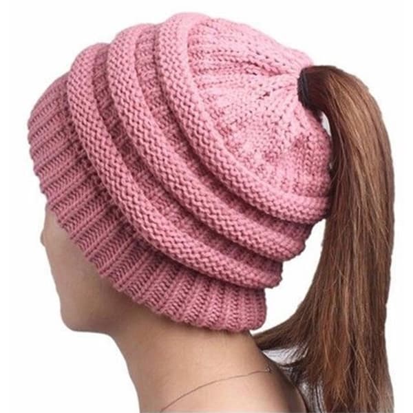 Girl Stretch Knit Hat Messy Bun Ponytail Beanie Holey Warm Hats