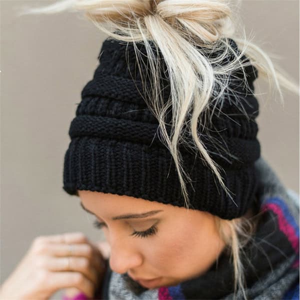 Girl Stretch Knit Hat Messy Bun Ponytail Beanie Holey Warm Hats