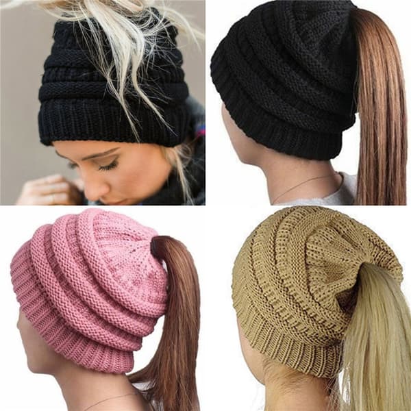 Girl Stretch Knit Hat Messy Bun Ponytail Beanie Holey Warm Hats Black