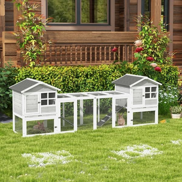 Rootz Small Animal Hutch - Dobbelt hovedhus - Marsvine Hutch - Bunny Run - Wooden Small - Run Box - Slide-out bakke - Rampe - Grå - 259 x 64 x 92 cm