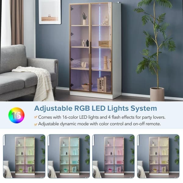 Moderne glasskab med LED-lys i 16 farver - H 160 cm - 2 låger med aftagelige hylder - Transparent