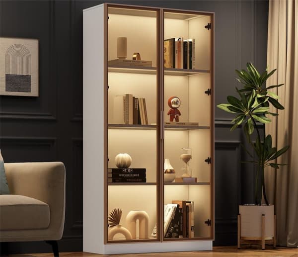 Moderne glasskab med LED-lys i 16 farver - H 160 cm - 2 låger med aftagelige hylder - Transparent