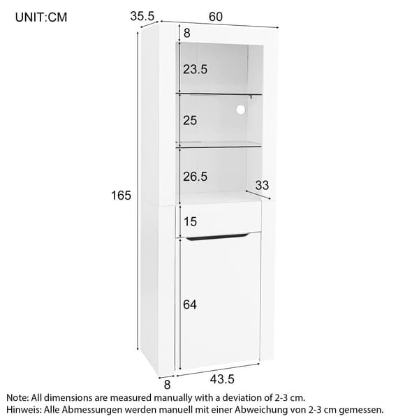 LED-displayskåp - H 165cm - stort förvaringsutrymme - Vit