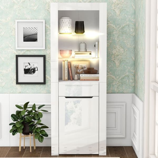 LED-displayskåp - H 165cm - stort förvaringsutrymme - Vit