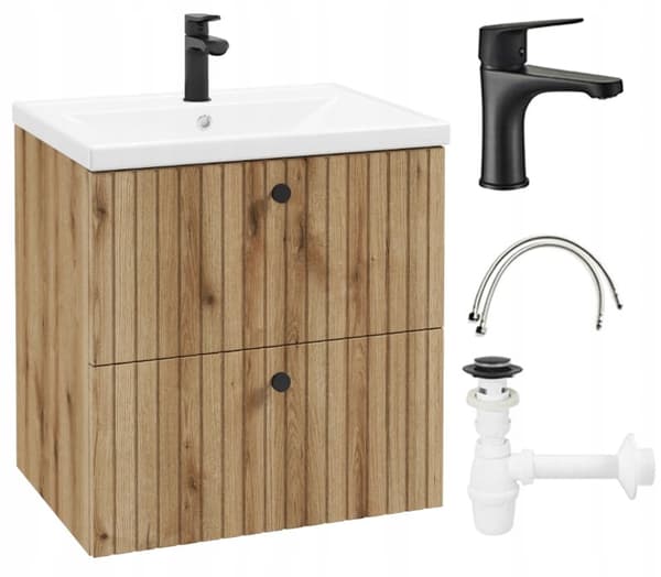 Set med 60 cm badrumsskåp, ek, evoke, lameller, med handfat, kran och sifon, Rietti