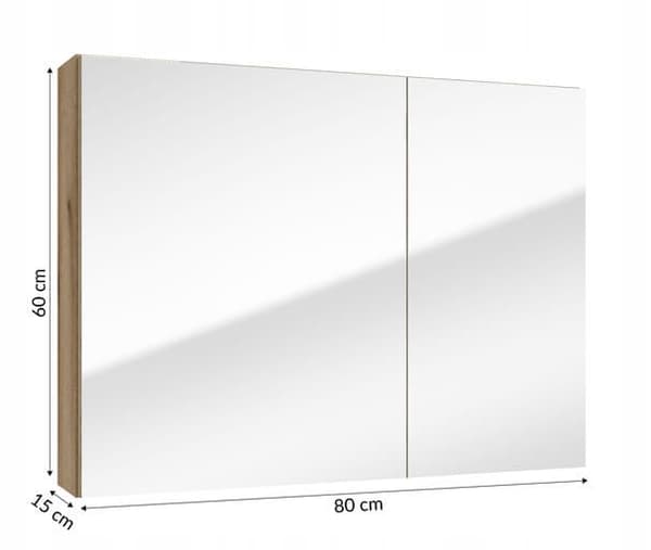 Kylpyhuoneen kaappi peilillä 80 cm, tammi ja lasihyllyt Rietti