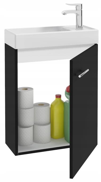 Badrumsskåp med svart hängande handfat 50x70 Liten med avlång kromblandare