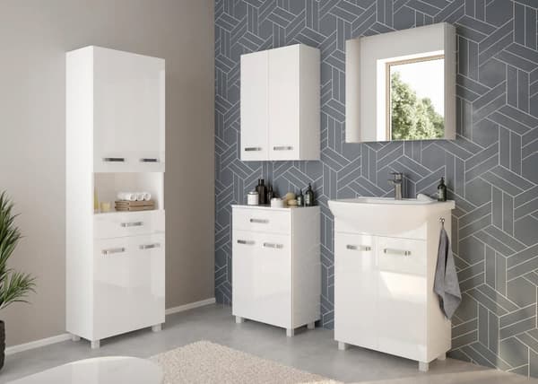 Kylpyhuonekaappi jaloilla, pesuallas 85x60, seisova, valkoinen Mila, pitkänomainen kromihana