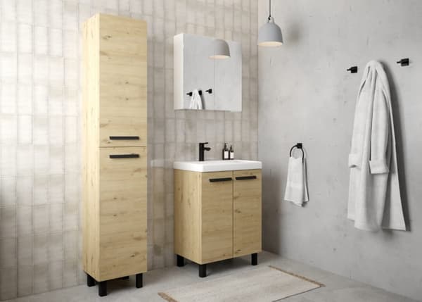 Kylpyhuonesarja: 80x60 pesuallaskaappi + hana, sifoni, click-clack-tulppa Bonita