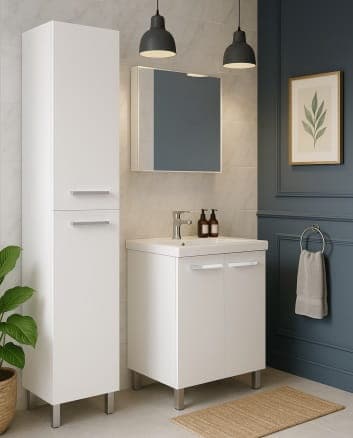 Fristående badrumsstolpe 185x35cm Vit högglans 4 hyllplan, mjukstängande Bonita