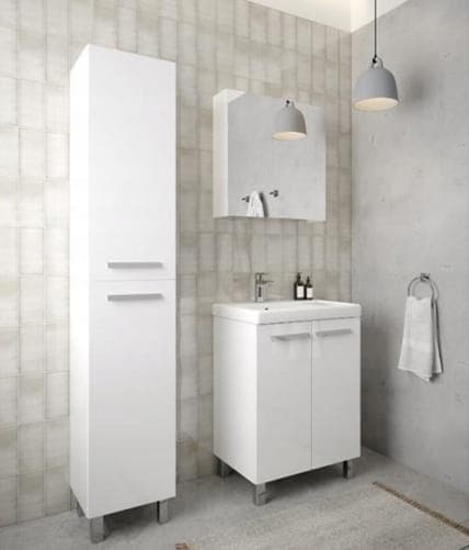 Fristående badrumsstolpe 185x35cm Vit högglans 4 hyllplan, mjukstängande Bonita