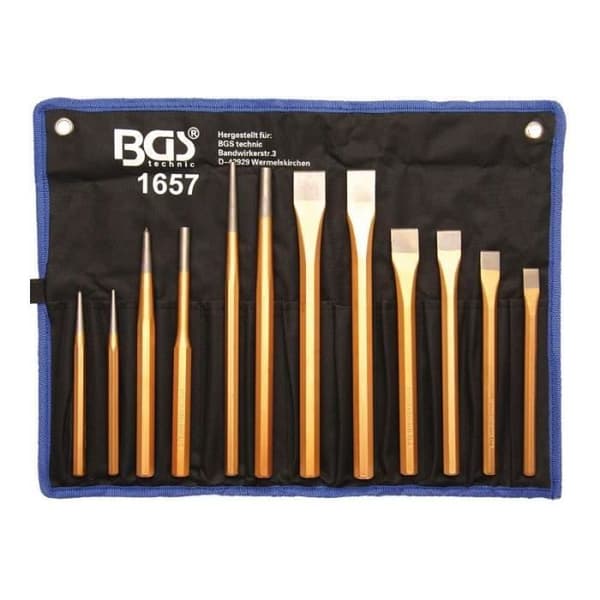 Set med stift, mejslar, stansar |12 st