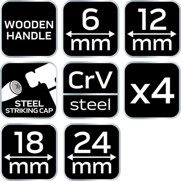 Mejsler 6, 12, 18, 24 mm, sæt af 4. Træskaft