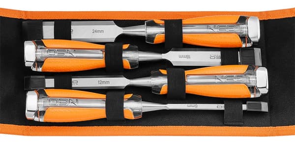 Mejsler 6, 12, 18, 24, sæt med 4. To-komponent håndtag. Pakket i etui