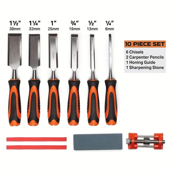Puukko- ja veistotyökalusarja, sisältää 6 talttaa, mukana teroitusopas, teroituskivi