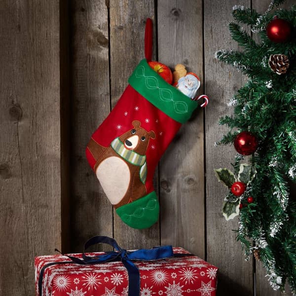Julstrumpa med björnmotiv - röd/grön