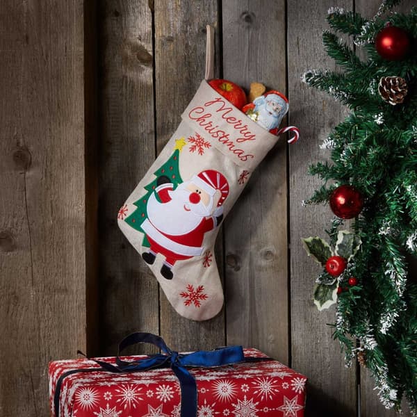 Julstrumpa i juteoptik med tomtemotiv - beige
