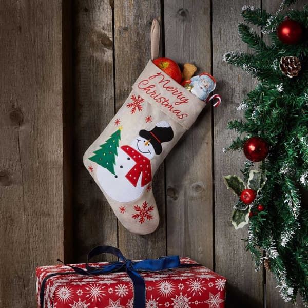 Julstrumpa i juteoptik med snögubbemotiv - beige