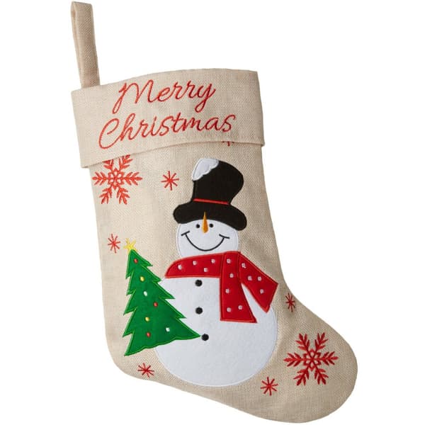 Julstrumpa i juteoptik med snögubbemotiv - beige