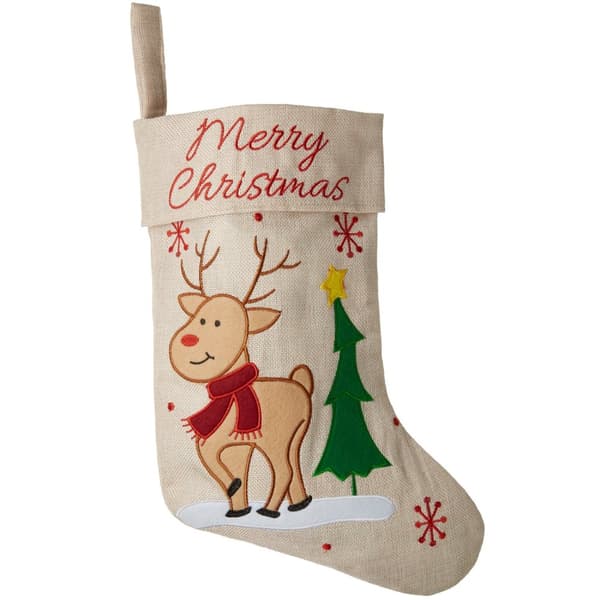 Julstrumpa i jutelook med renmotiv - beige