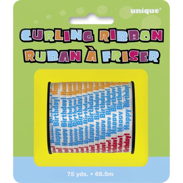 Unique Party Happy Birthday Print Curling Ribbon Roll (75 Yards) Multicoloured 75 Yards