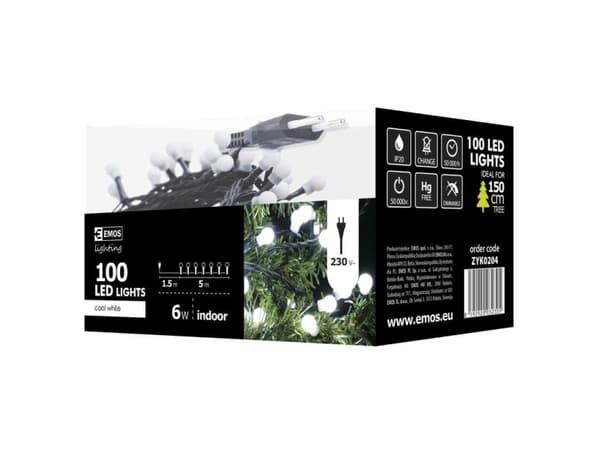 Emos ZYK0204, 100 lamper, LED, Kjølig hvit, Innendørs, Sort, AC