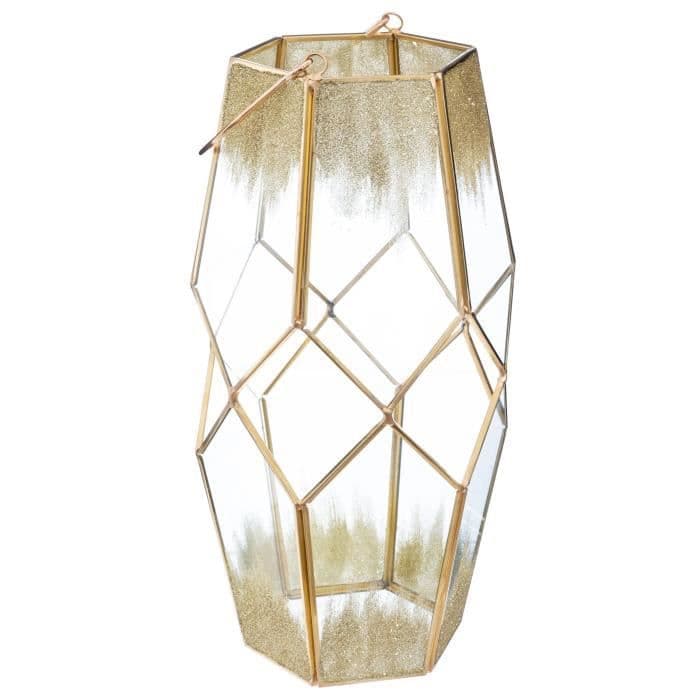 Sekskantet telysholder - Glas og champagne messing - H31 cm