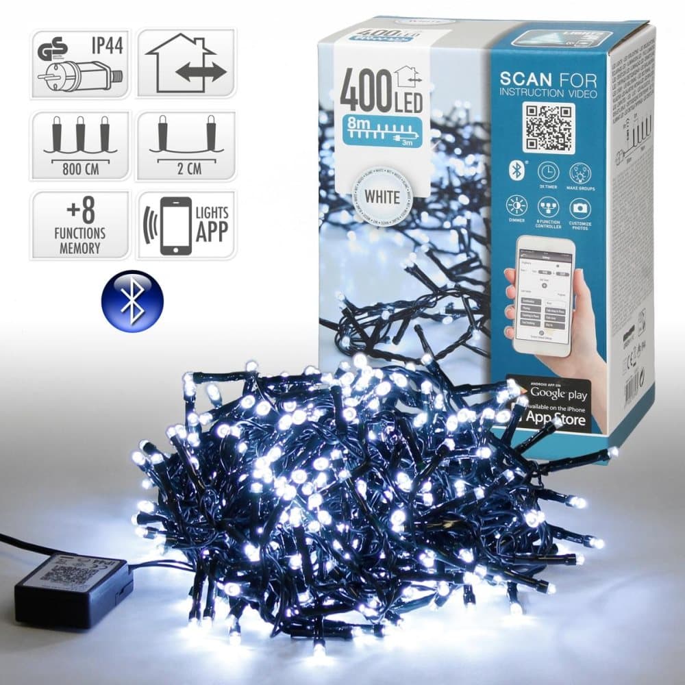 ECD Germany App-styret LED-lyskæde til jul 400 LED'er 8 m hvid 8 tilstande lysdæmper timer hukommelse indeni udenfor IP44 Julelys Julelyskæde til