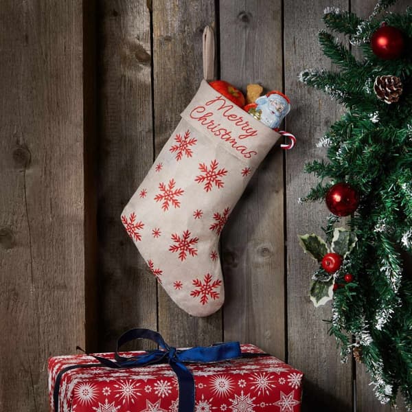 Julestrømpe i jute-look med isblomster - beige