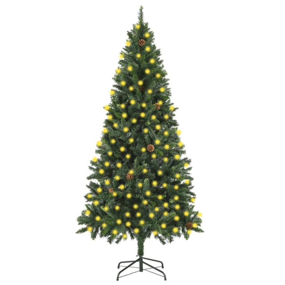 vidaXL Plastgran med LED och kottar grön 210 cm