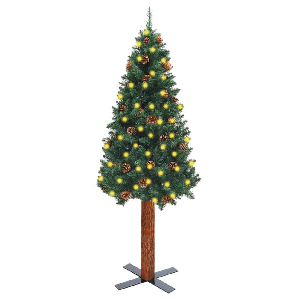 vidaXL Smal plastgran med LED och trä och kottar grön 210 cm