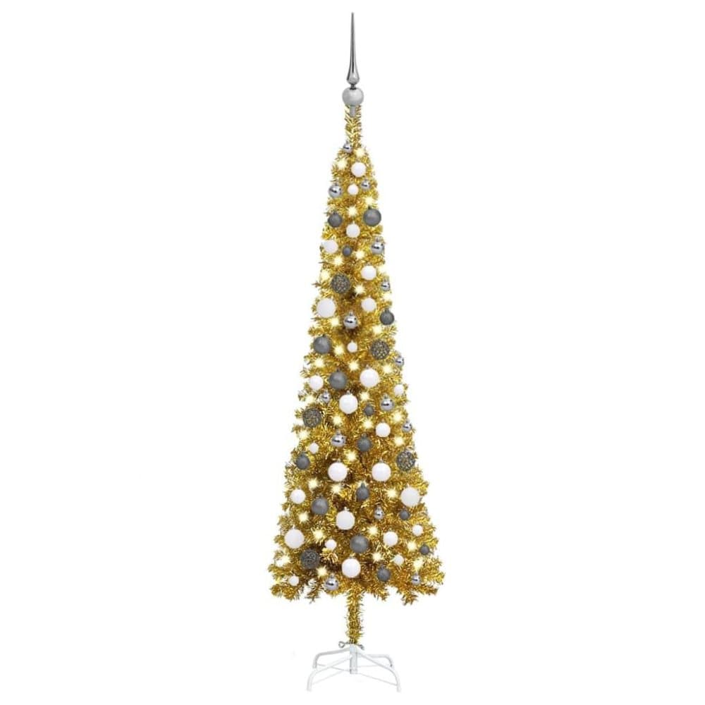 vidaXL Plastgran smal med LED och kulor guld 150 cm