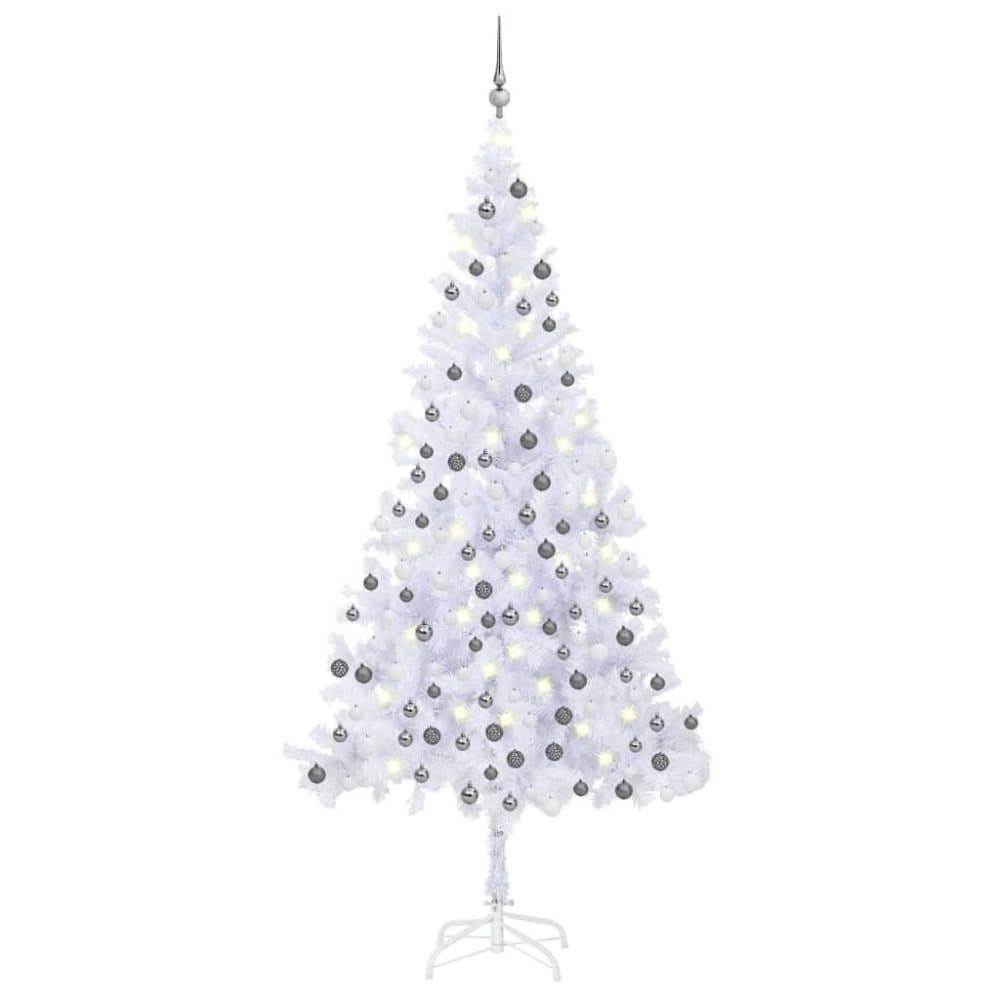 vidaXL Plastgran med LED och julgranskulor L 240 cm vit
