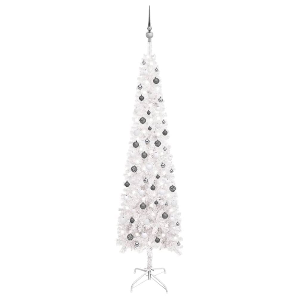vidaXL Smal plastgran med LED och julgranskulor vit 240 cm