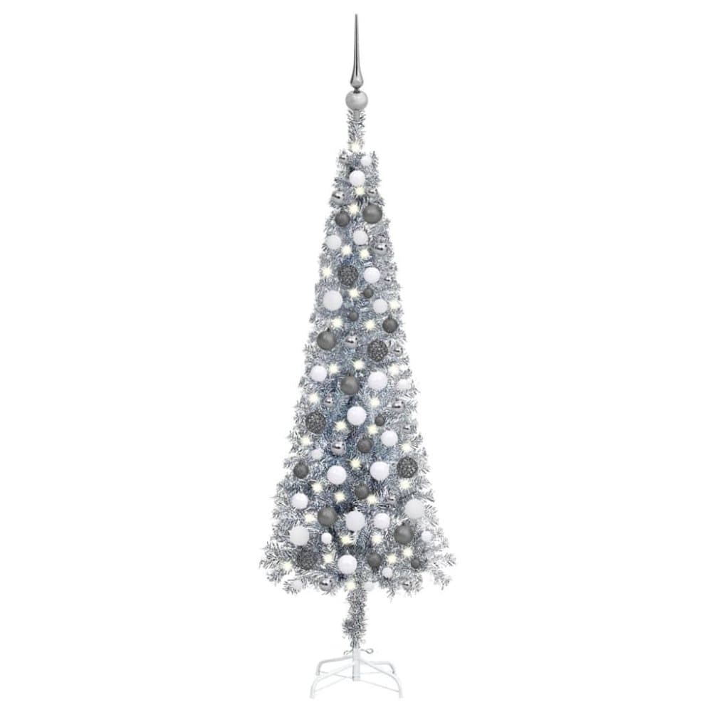 vidaXL Plastgran smal med LED och kulor silver 120 cm