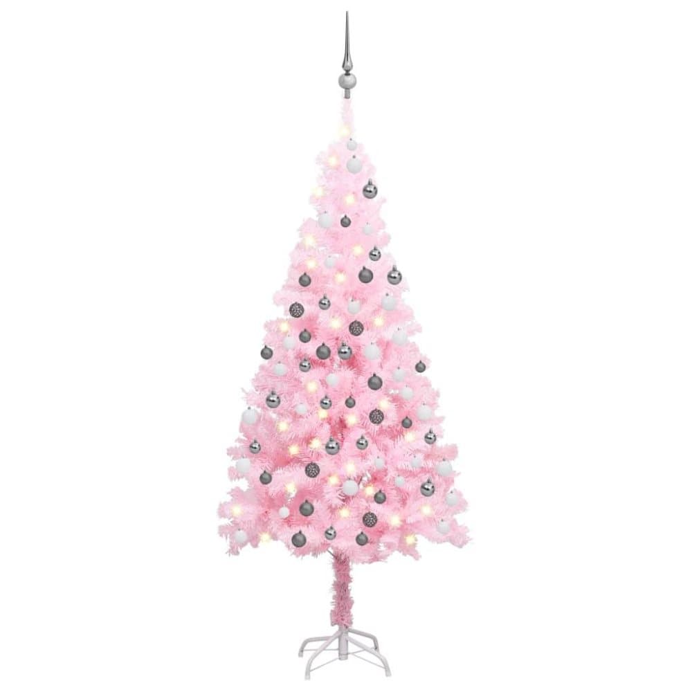 vidaXL Plastgran med LED och julgranskulor rosa 150 cm PVC