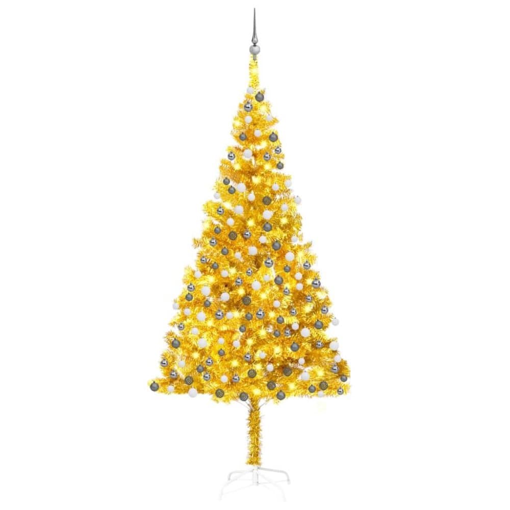 vidaXL Plastgran med LED och julgranskulor guld 210 cm PET