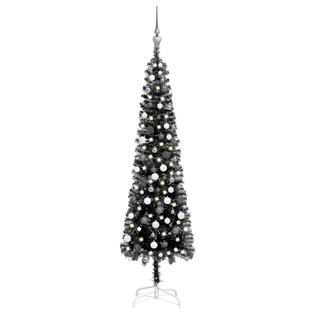 vidaXL Plastgran smal med LED och julgranskulor svart 210 cm