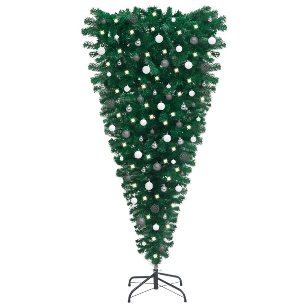 vidaXL Upp-och-nedvänd plastgran med LED och kulor 180 cm