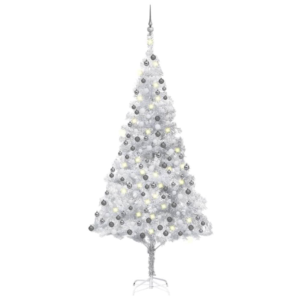 vidaXL Plastgran med LED och julgranskulor silver 240 cm PET
