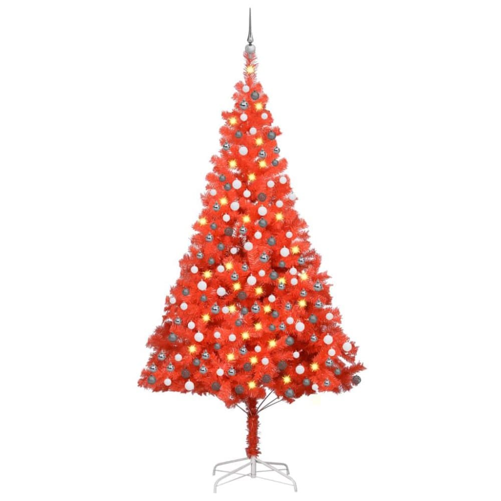 vidaXL Plastgran med LED och julgranskulor röd 210 cm PVC