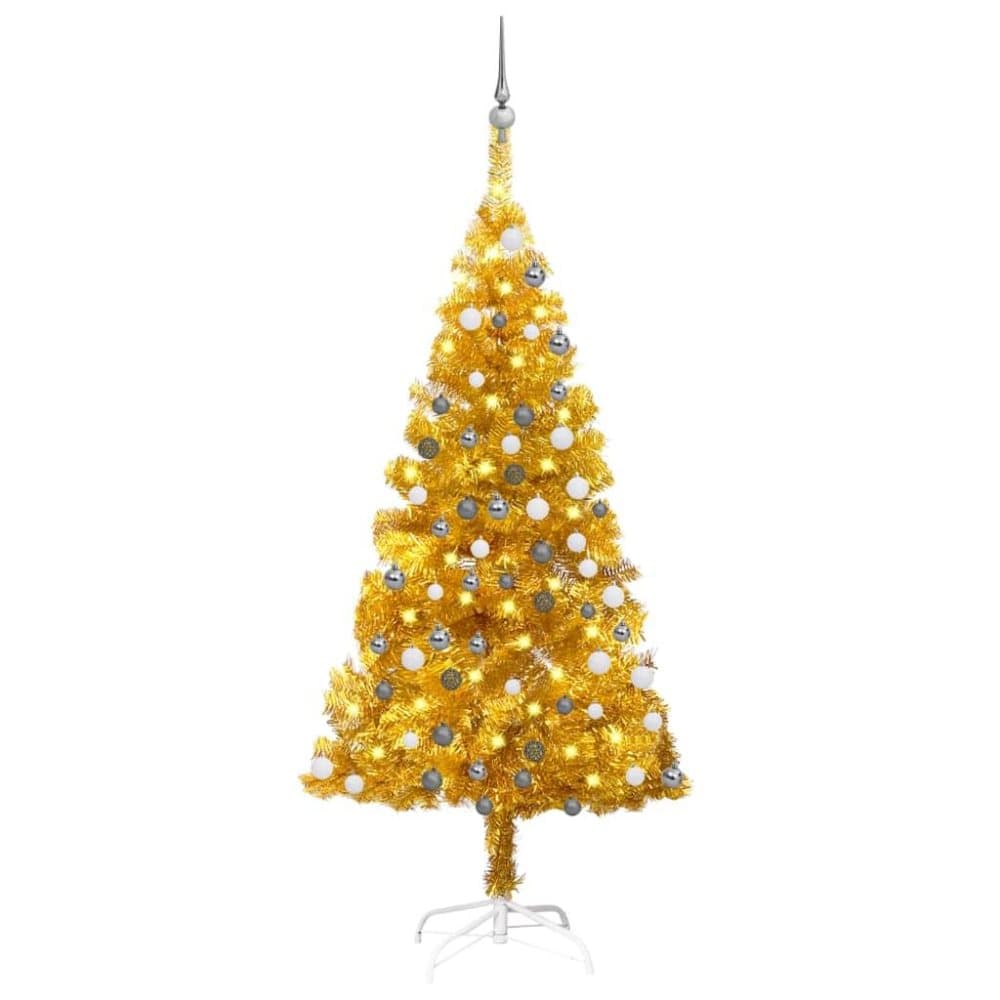 vidaXL Plastgran med LED och julgranskulor guld 150 cm PET