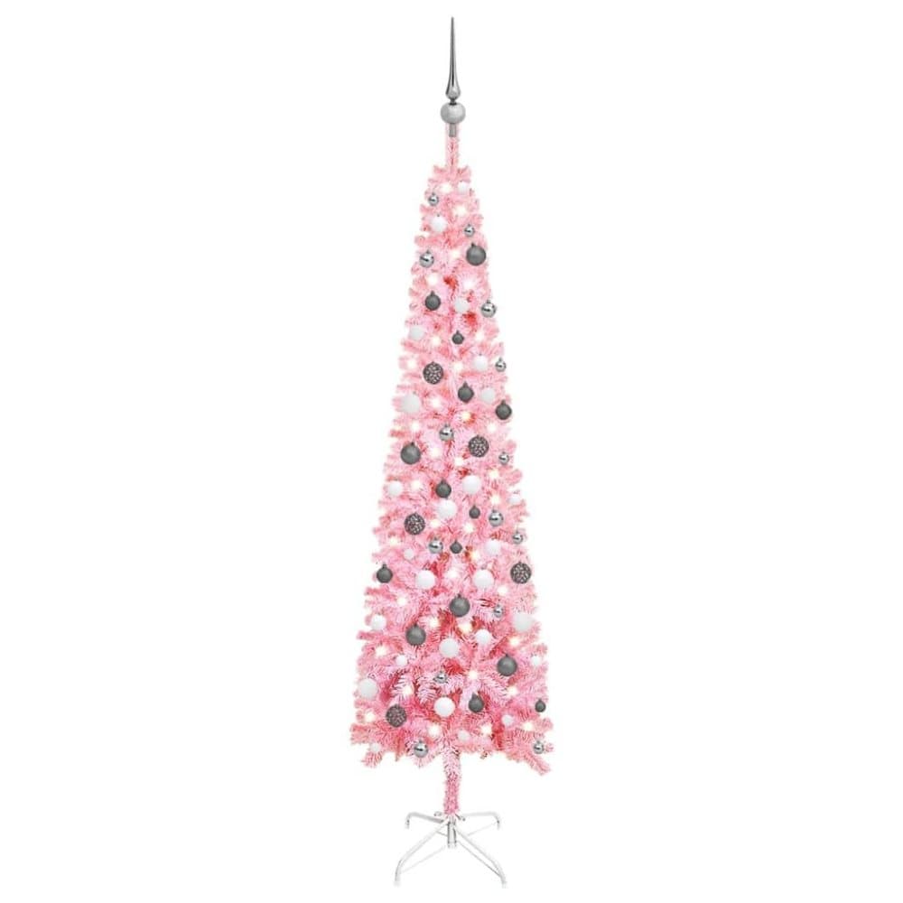 vidaXL Plastgran smal med LED och kulor rosa 210 cm