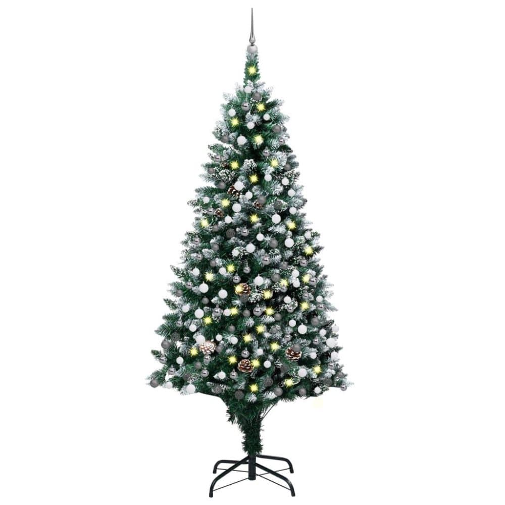 vidaXL Plastgran med LED och julgranskulor och kottar 240 cm