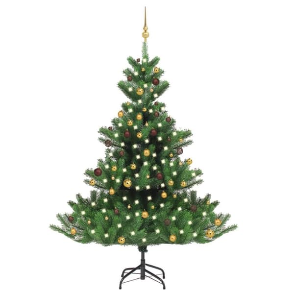 vidaXL kunstigt juletræ LED-lys + julekugler 210 cm nordmannsgran grøn