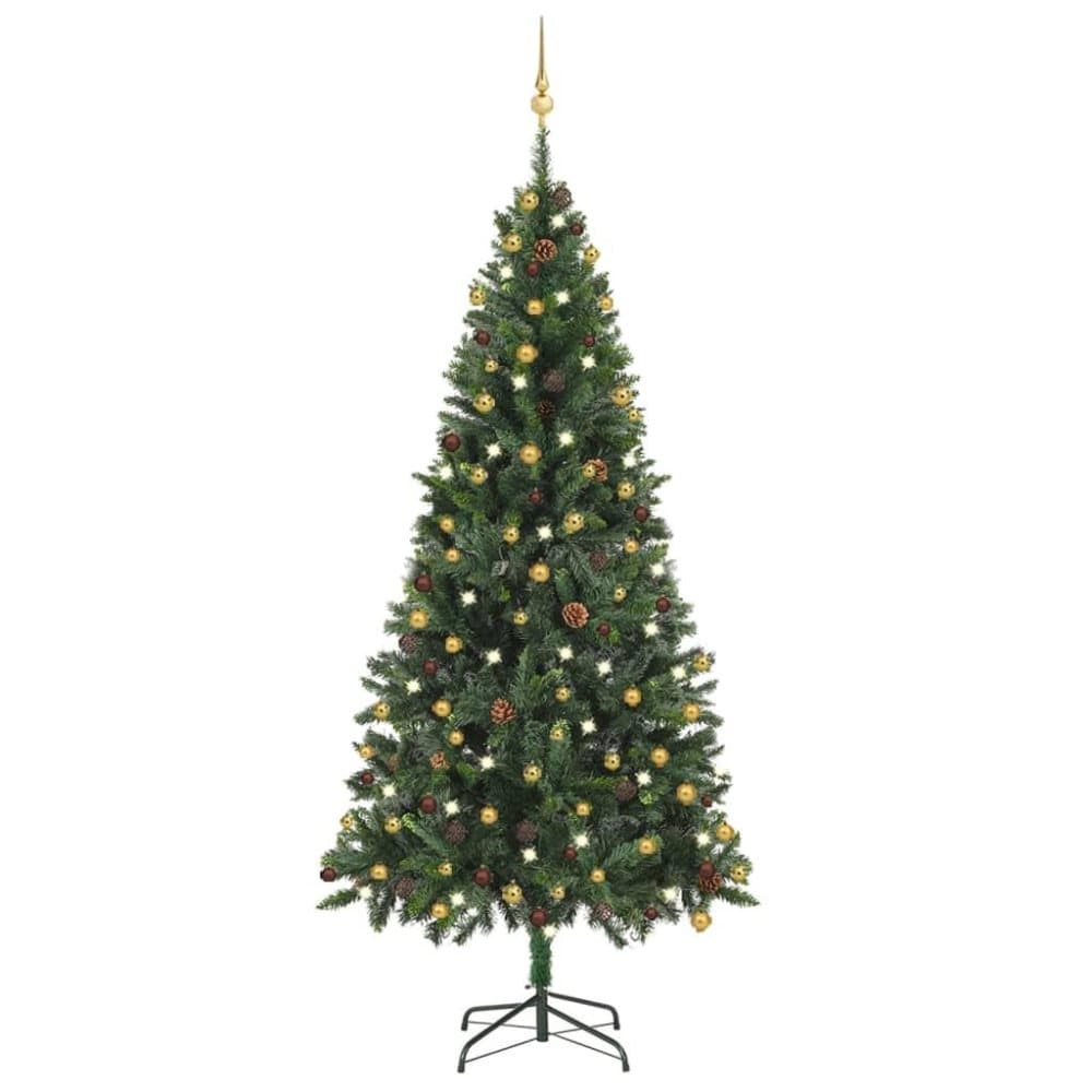 vidaXL Plastgran med LED och julgranskulor grön 210 cm
