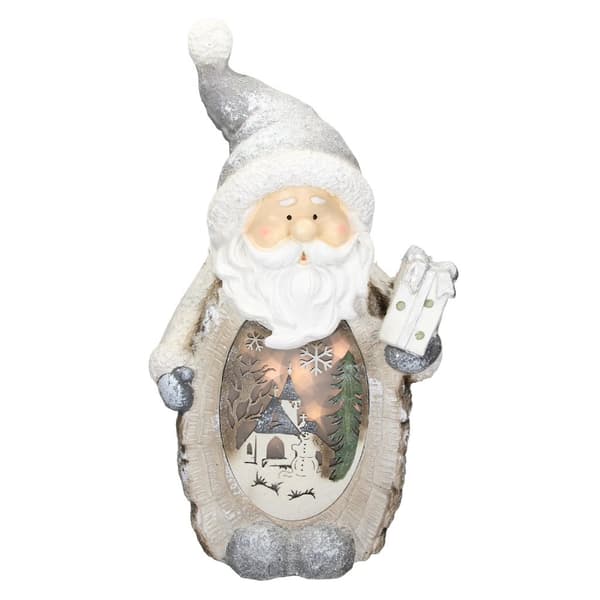 ECD Germany Santa Claus Deco Figurine, LED-valaistus 52cm lämmin valkoinen valkoinen harmaa hattu ja huivi, puu näyttää, akku powered, sisälle